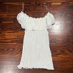 Sunny Leigh M Y2K Boho Off Shoulder Dress White Pleated Shift